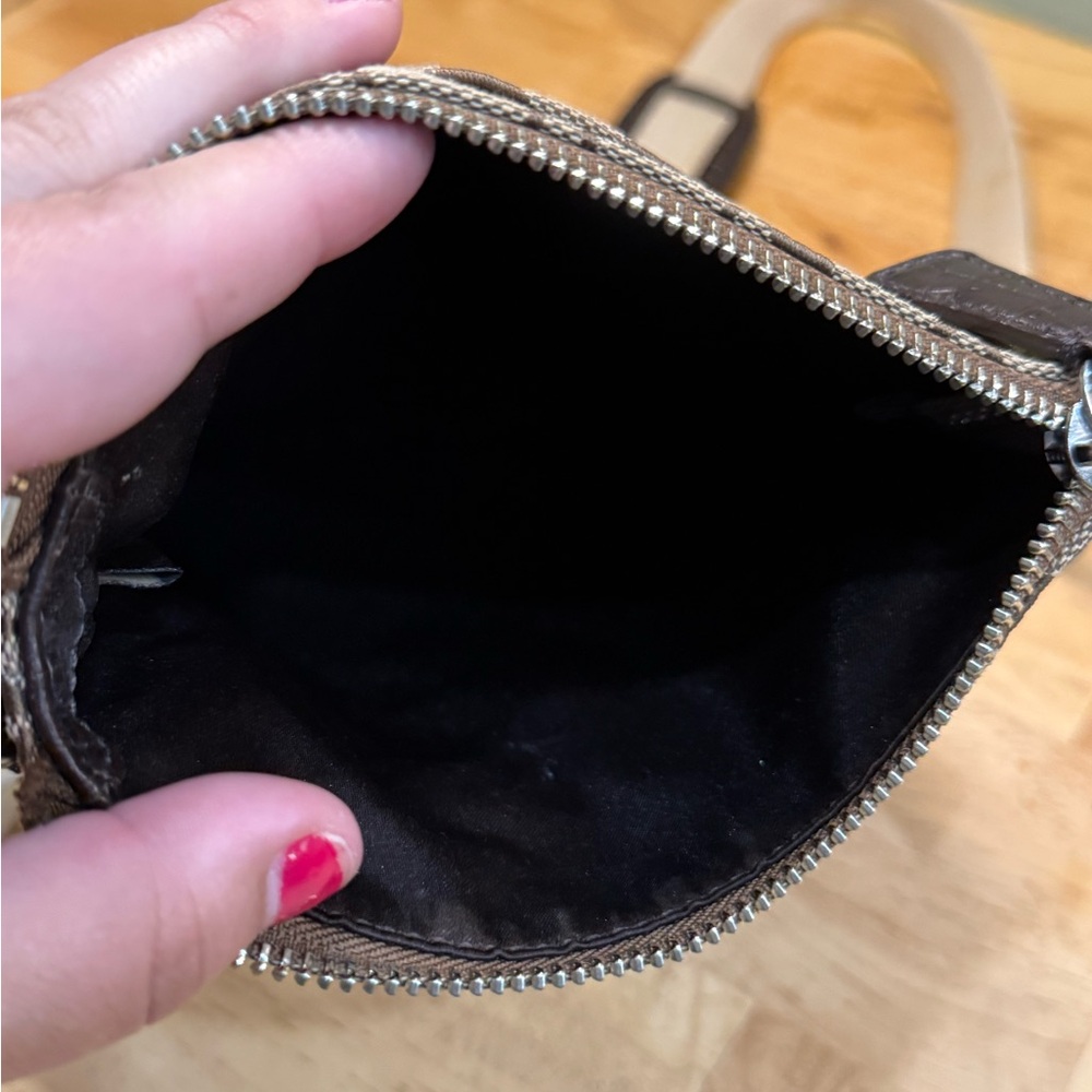 Coach Signature C Brown Tan Crossbody Bag | Leather Trim Small Purse Zip Top - Picture 10 of 12